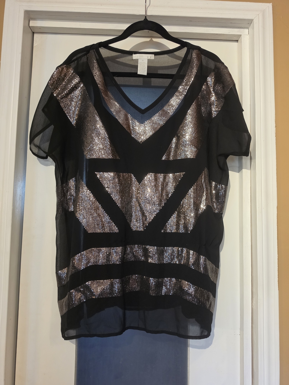 Black Sheer Short-Sleeve Top with Rose Gold Sequin Geo Accents